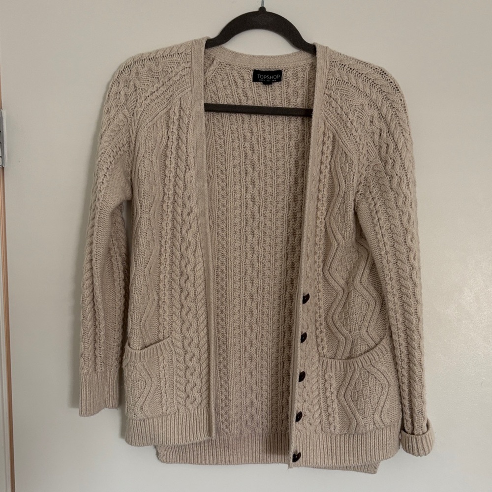 Topshop Cream Cable Open-Front Cardigan with Pockets